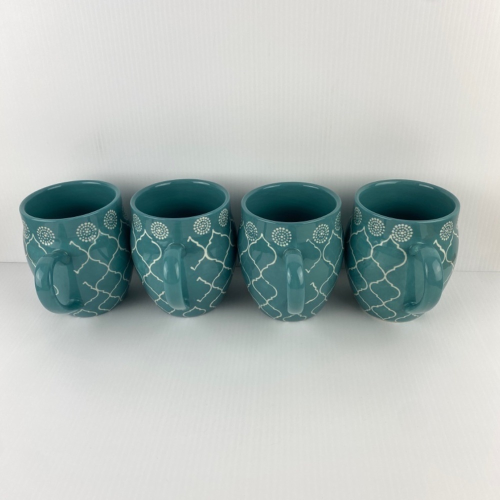 Baum Moroccan Large Turquoise Mugs Set of 4 Ceramic Coffee / Tea Cups 19 Oz - Picture 4 of 9